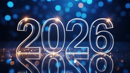 Glowing 2026 numbers reflecting on a dark surface with blurry blue lights