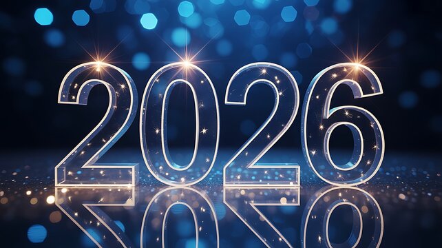 Glowing digital numbers 2026 reflecting on a dark surface with bokeh lights