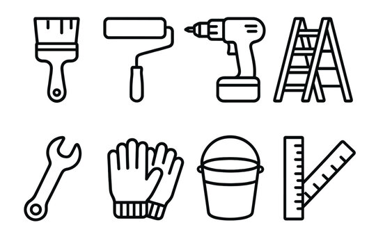 Home Improvement Tools. Home Improvement Set linear icon set: paintbrush, roller, drill, ladder, wrench, gloves, bucket, ruler
