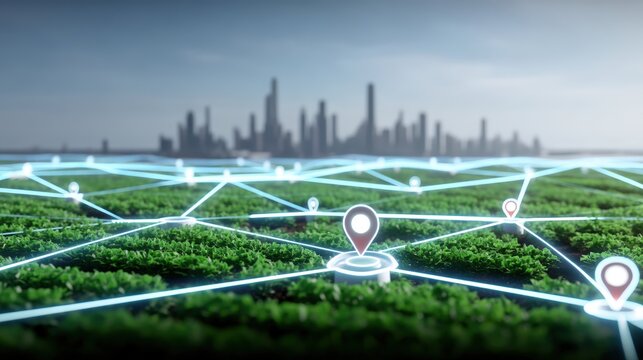 Innovative networking technology enhances urban agriculture futuristic cityscape digital art high-tech environment aerial view sustainability concept