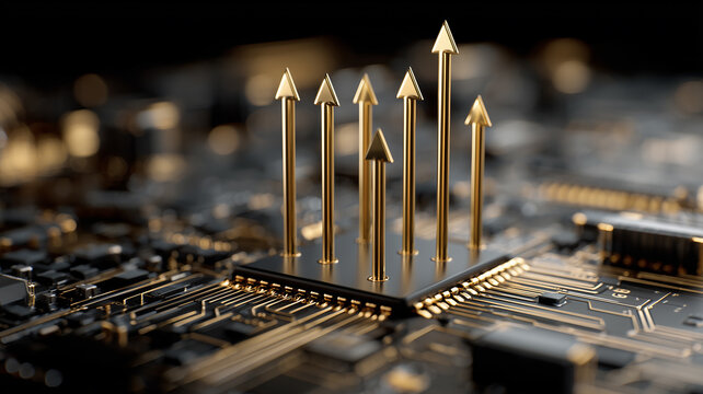 A conceptual illustration of rising performance represented by upward arrows emerging from a central processing unit, symbolizing technological progress and strategic growth.