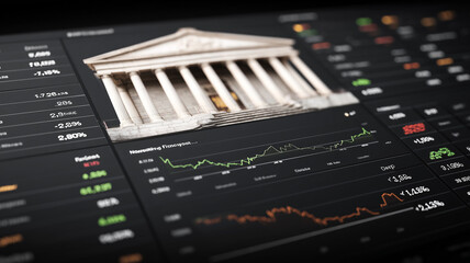 A financial interface displaying institutional architecture blended with market charts, symbolizing economic activity, policy impact and global financial behavior.

