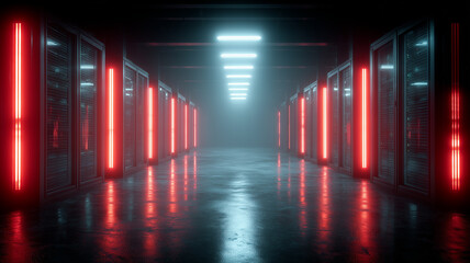 A futuristic corridor lined with illuminated server racks, symbolizing advanced data infrastructure, secure information storage and high level digital operations.
