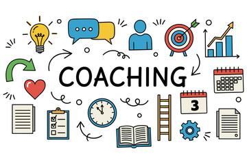 Coaching concept with symbols of growth, planning, and development