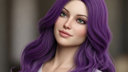 Elegant woman with captivating green eyes and cascading purple hair creating artistic portrait