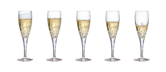 A collection of champagne glasses, off level, with, fizzy wine, as a birthday celebration or to celebrate the New Year with different amounts of fizzy bubbles isolated on a transparent background.