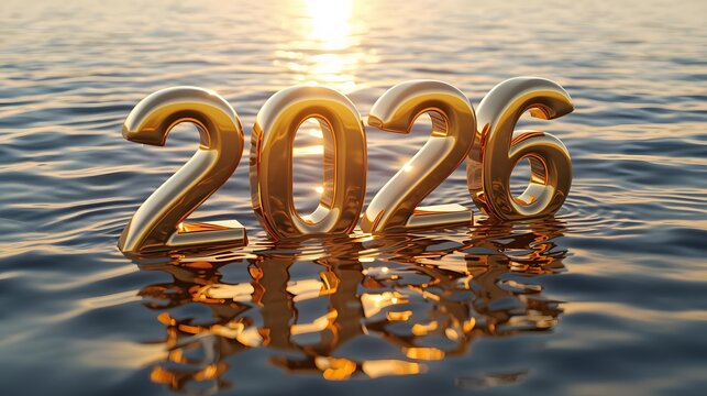 Gleaming golden numbers rise from tranquil waters, reflecting the suns soft and radiant glow. - Powered by Adobe