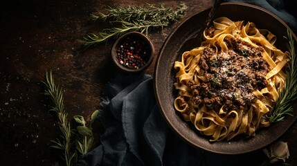 A cozy winter flat lay of fettuccine with venison ragù, dark rustic backdrop, earthy tones