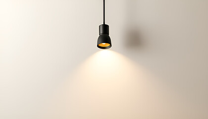 A single modern black pendant light hangs from a cord casting a warm focused beam of light onto a textured off white wall