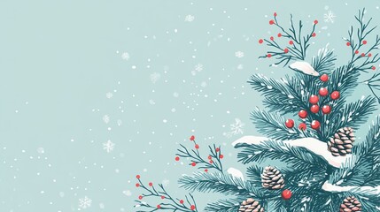 christmas card template with a pine tree, snowflakes, and berries on a light blue background, flat illustration, cozy winter atmosphere, design for a christmas party invitation or greeting cards