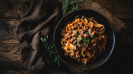 A cozy winter flat lay of fettuccine with venison ragù, dark rustic backdrop, earthy tones