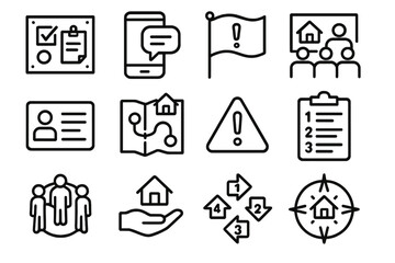 Neighborhood Safety Icons. Neighborhood Protection Kit linear icon set: safety board, communication notice, hazard flag, community meeting icon, emergency contact card, local watch