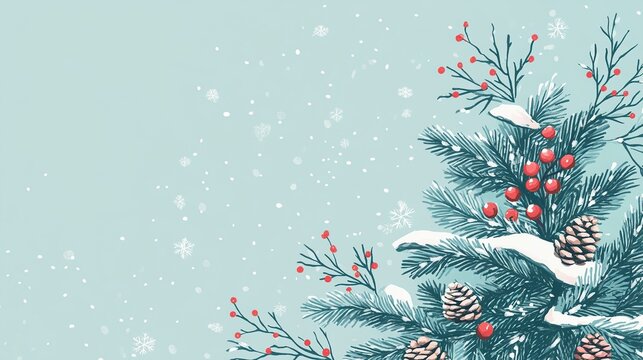 christmas card template with a pine tree, snowflakes, and berries on a light blue background, flat illustration, cozy winter atmosphere, design for a christmas party invitation or greeting cards
