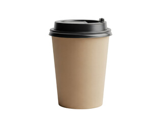 Plain brown paper coffee cup with black lid, isolated on clean background