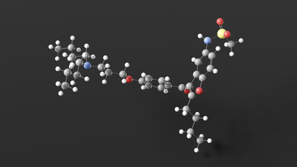 dronedarone molecule 3d, molecular structure, ball and stick model, structural chemical formula antiarrhythmic drug