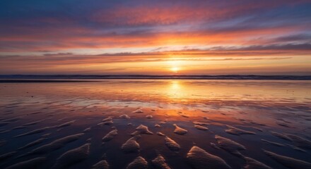 Vibrant sunset over a tranquil beach.  Golden sun sets on a calm ocean, reflecting on the wet sand