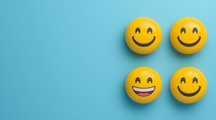 Four yellow smiley faces arranged on a blue background, expressing joy, happiness, and cheerfulness.