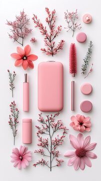 A flat lay composition featuring various pink objects and flowers arranged on a white background. Includes flowers, cosmetic items, and other decorative element