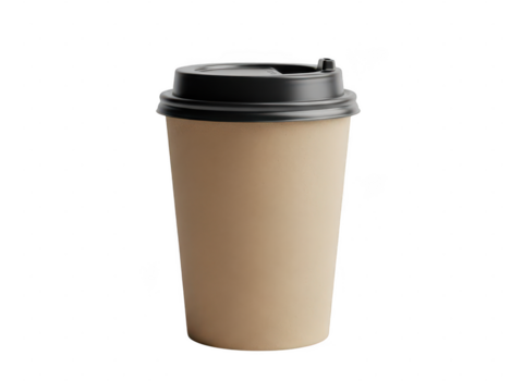 Plain brown paper coffee cup with black lid, isolated on clean background - Powered by Adobe