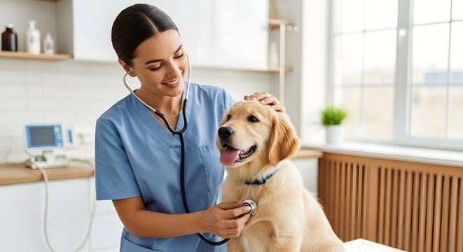 Veterinarian examines golden retriever puppy with stethoscope in clinic image