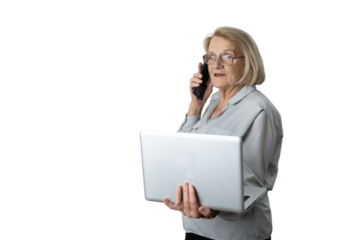 Senior woman multitasking using phone and laptop, transparent background
