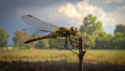 Close-up of a Dragonfly Perched on a Twig in a Serene Natural Setting.