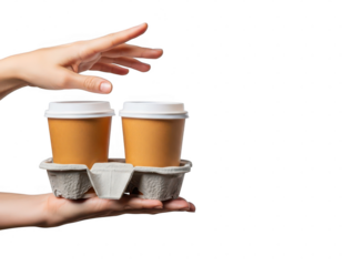 Hands exchanging two disposable coffee cups in a carrier for delivery