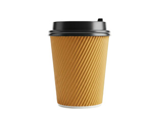 Brown textured corrugated disposable coffee cup with black lid, isolated