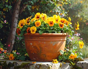 Vibrant yellow pansies overflowing from a rustic terracotta pot in a sunlit garden