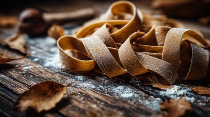 A flat lay of chestnut pasta ribbons, rustic wood table, scattered flour and dried leaves