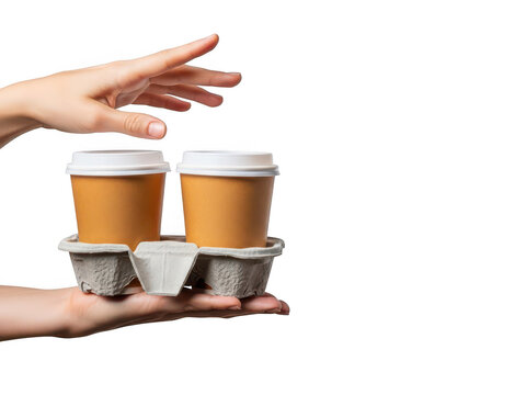 Hands exchanging two disposable coffee cups in a carrier for delivery