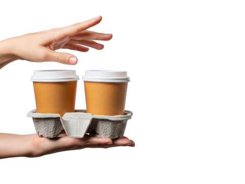 Hands exchanging two disposable coffee cups in a carrier for delivery