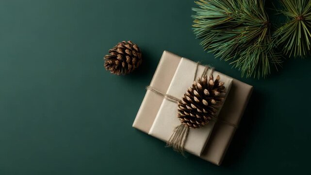 Elegant Christmas gift wrapped in kraft paper decorated with pinecones, gift and twine for holiday promotions and seasonal greetings