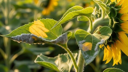 Sunflower plant leaves affected by mold and disease, showing clear signs of plant pathology and damage in a vibrant agricultural field, close-up detail with natural lighting.