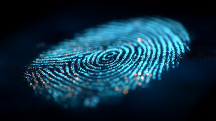 A biometric pattern concept captured through a digitally illuminated fingerprint symbolizing identity recognition authentication processes and technological validation.
