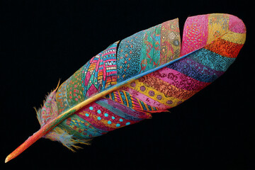 vibrant tribal patterned feather on a black background abstract art