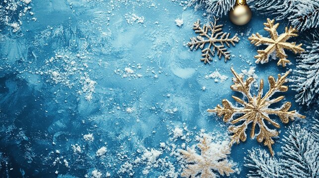 christmas background with golden snowflakes and christmas decorations on a blue background, top view. winter holiday concept, free space for text, christmas card template for design