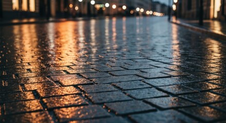Wet cobblestone street at night, city lights reflected
