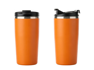 Bright orange insulated travel mugs with flip-top lids, open and closed