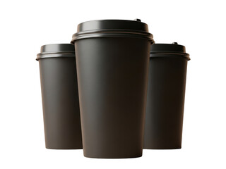 Three minimalist black disposable coffee cups in a row, perfect for branding mockups.