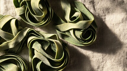 A flat lay of spinach pasta ribbons on neutral linen, rustic simplicity and soft shadows