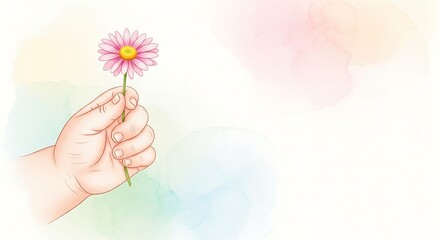Gentle hand presents a delicate pink daisy, a symbol of love and purity for Mother's Day or a heartfelt gift, conveying warmth and appreciation