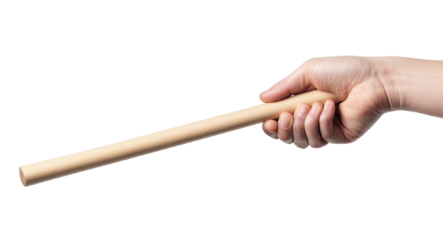 Human hand firmly holding long wooden stick with straight cylindrical shape and natural texture isolated on white background - Powered by Adobe