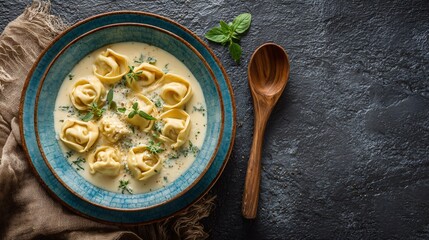 A flat lay of tortellini with creamy broth, muted blue ceramic plate, wooden spoon beside