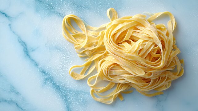 A flat lay of tagliolini with lemon cream sauce, pale blue marble surface, minimalist winter mood