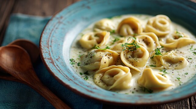 A flat lay of tortellini with creamy broth, muted blue ceramic plate, wooden spoon beside - Powered by Adobe