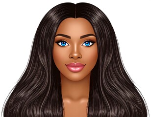 Digital artwork of a dark-skinned woman with long brown hair and striking blue eyes against a white background