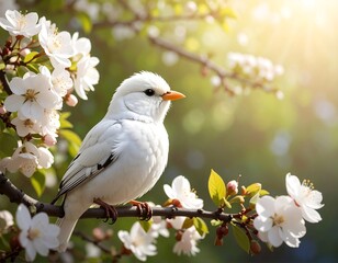 White bird perched on blooming cherry blossom branch in spring sunlight