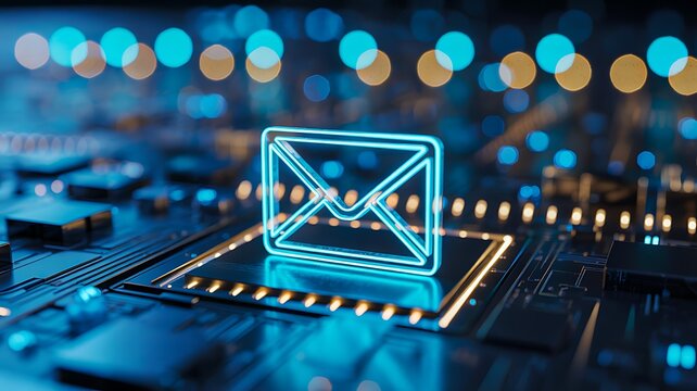 Glowing email icon on digital circuit board communication concept

