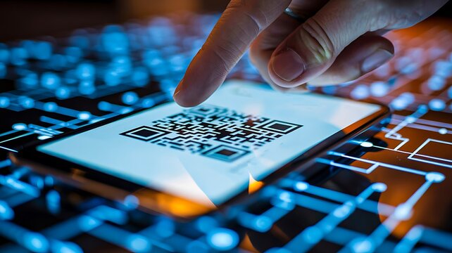 Hand scanning qr code on smartphone above digital circuit pattern
